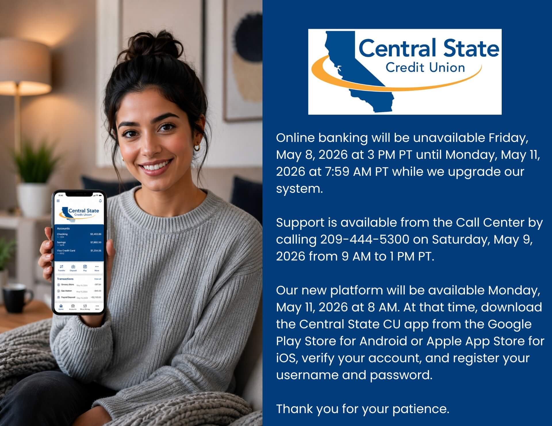 Online banking will d=be down from May 8 at 3pm until May 11 at 8pm